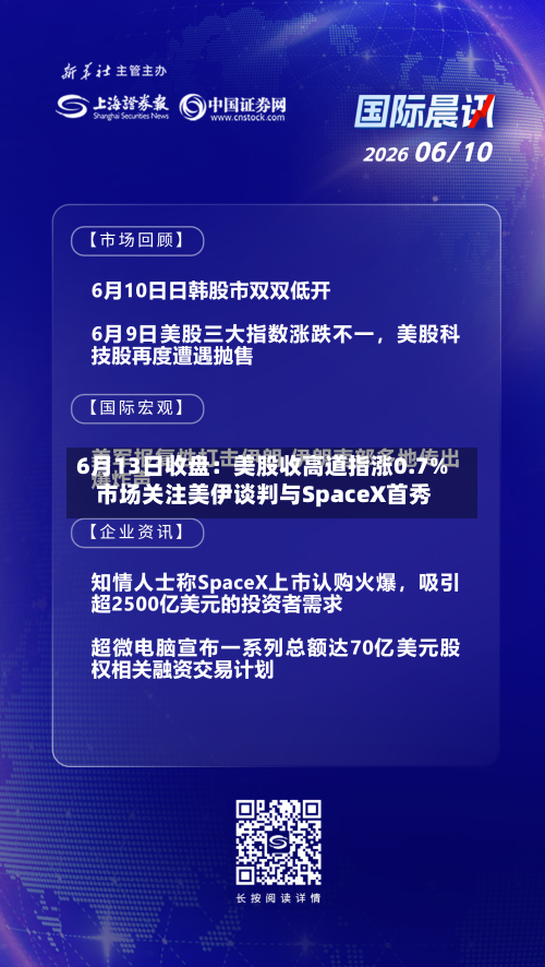 6月13日收盘:美股收高道指涨0.7% 市场关注美伊谈判与SpaceX首秀